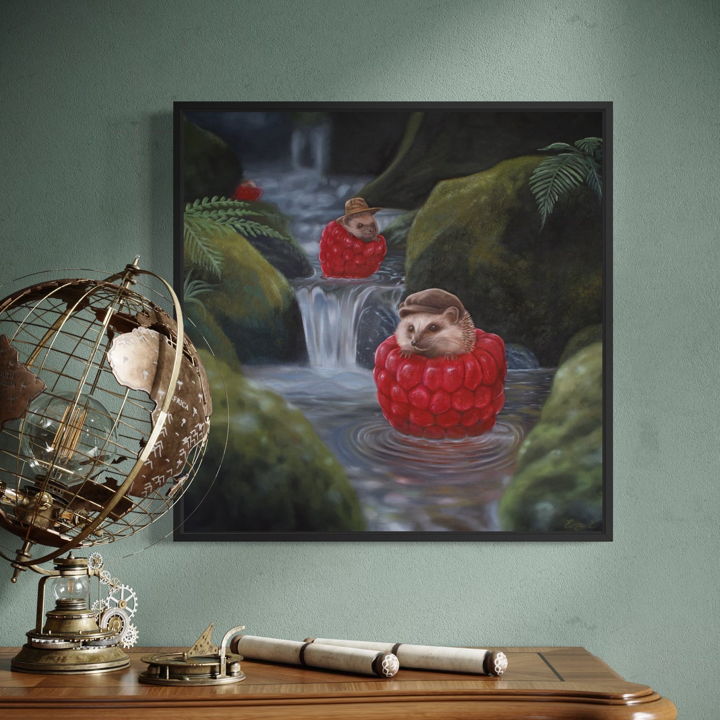 Igelkottar i hallonbåtar - inramad canvas print