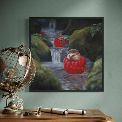 Igelkottar i hallonbåtar - inramad canvas print