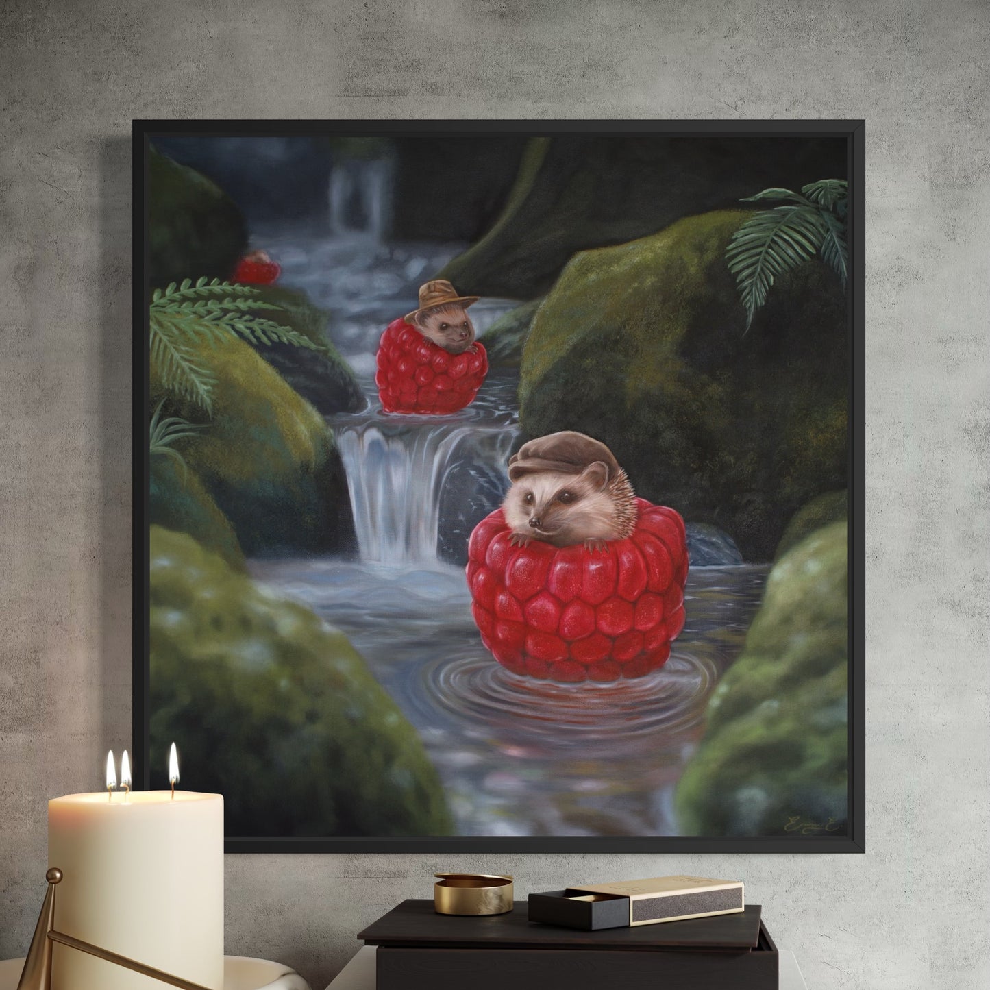 Igelkottar i hallonbåtar - inramad canvas print