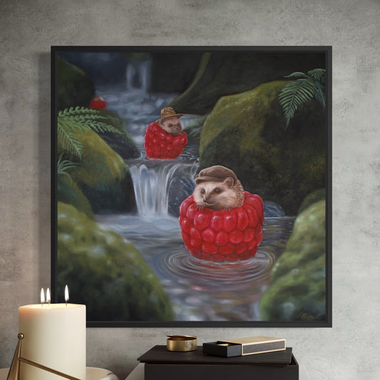 Igelkottar i hallonbåtar - inramad canvas print