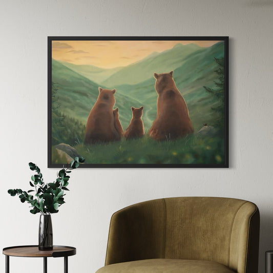Björnfamilj i solnedgången - Inramad canvas print