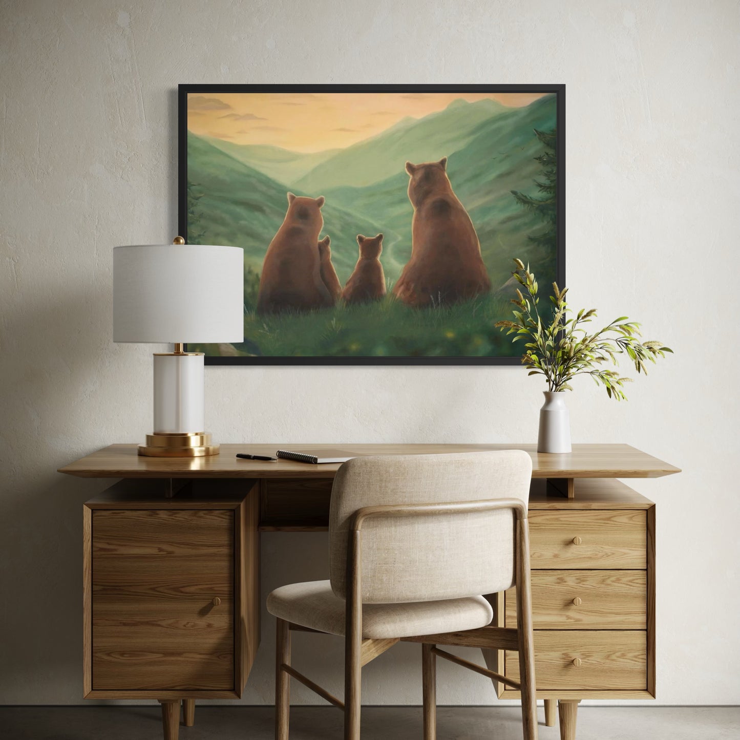 Björnfamilj i solnedgången - Inramad canvas print