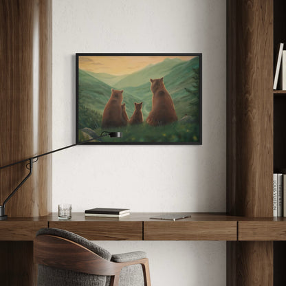 Björnfamilj i solnedgången - Inramad canvas print