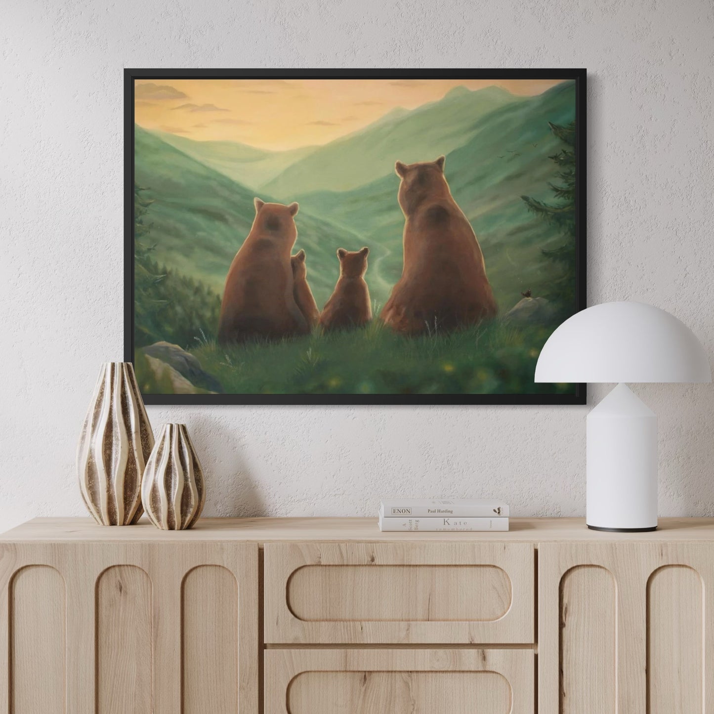 Björnfamilj i solnedgången - Inramad canvas print