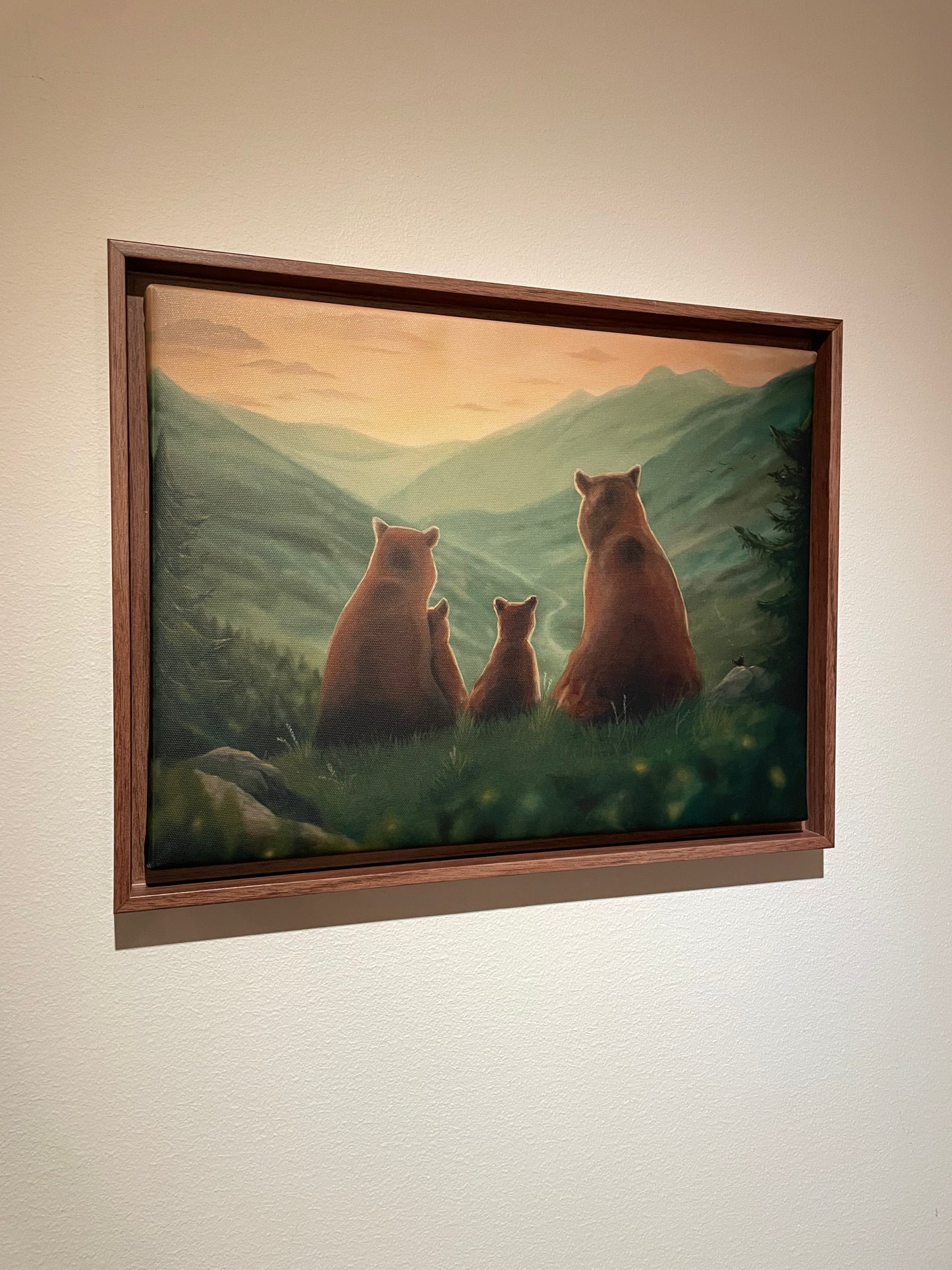 Björnfamilj i solnedgången - Inramad canvas print