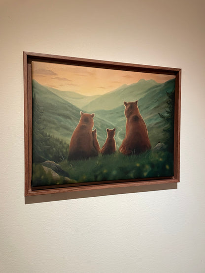 Björnfamilj i solnedgången - Inramad canvas print