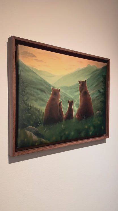 Björnfamilj i solnedgången - Inramad canvas print